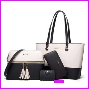Synthetic Leather Tote Bag Set 4pcs Elegant Chic Functional Shoulder Satchel